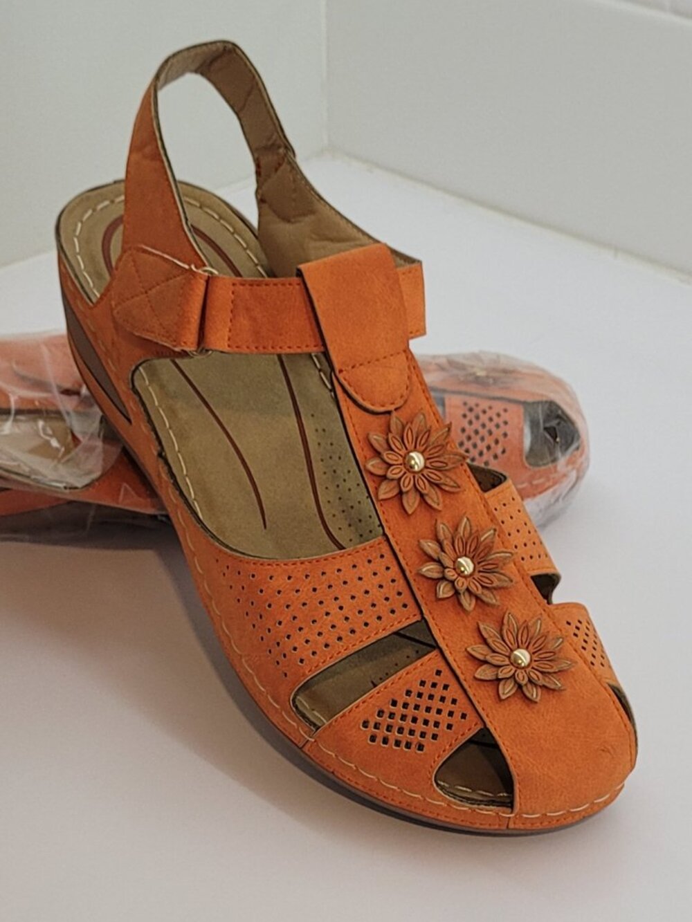Orange Comfort Bed Women's Short Wedge Summer Sandals Size 11-12 New
